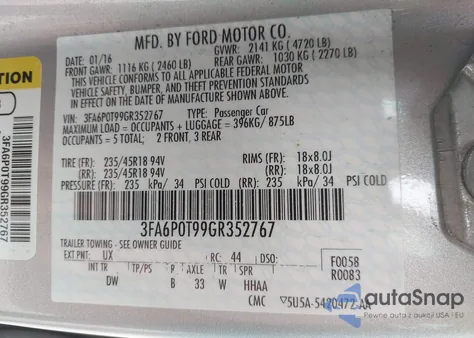 2016 Ford Fusion Se from USA, damaged, VIN 3FA6P0T99GR352767